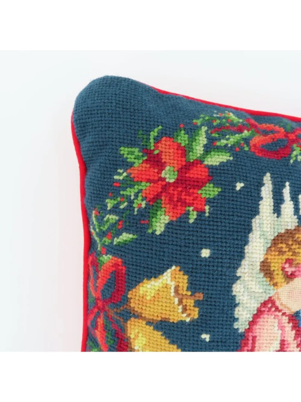 Vintage Needlepoint Praying Angel Children Red Flowers Bow Bells Square Pillow